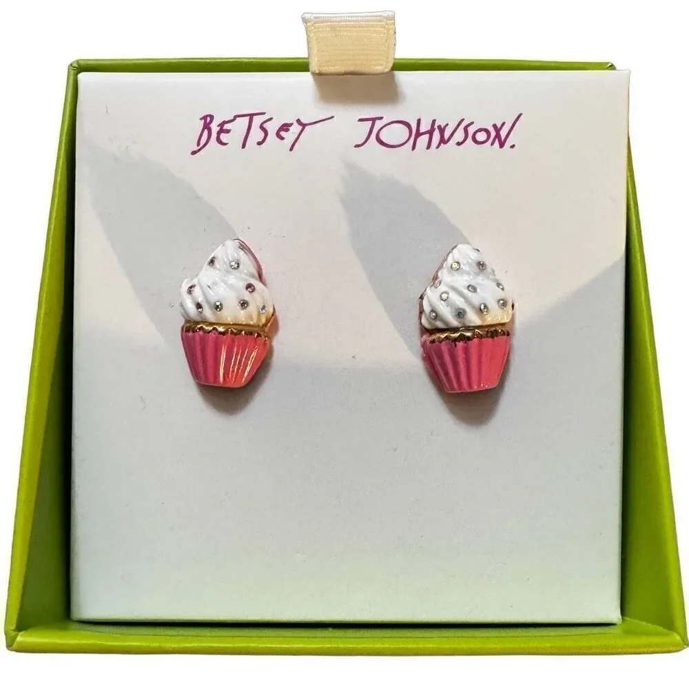 New in Box BETSEY JOHNSON Cupcakes Stud Earrings Pink White Rhinestones Dessert